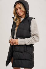 HOODED ZIPPER DOWN LONGLINE PUFFER VEST: Black