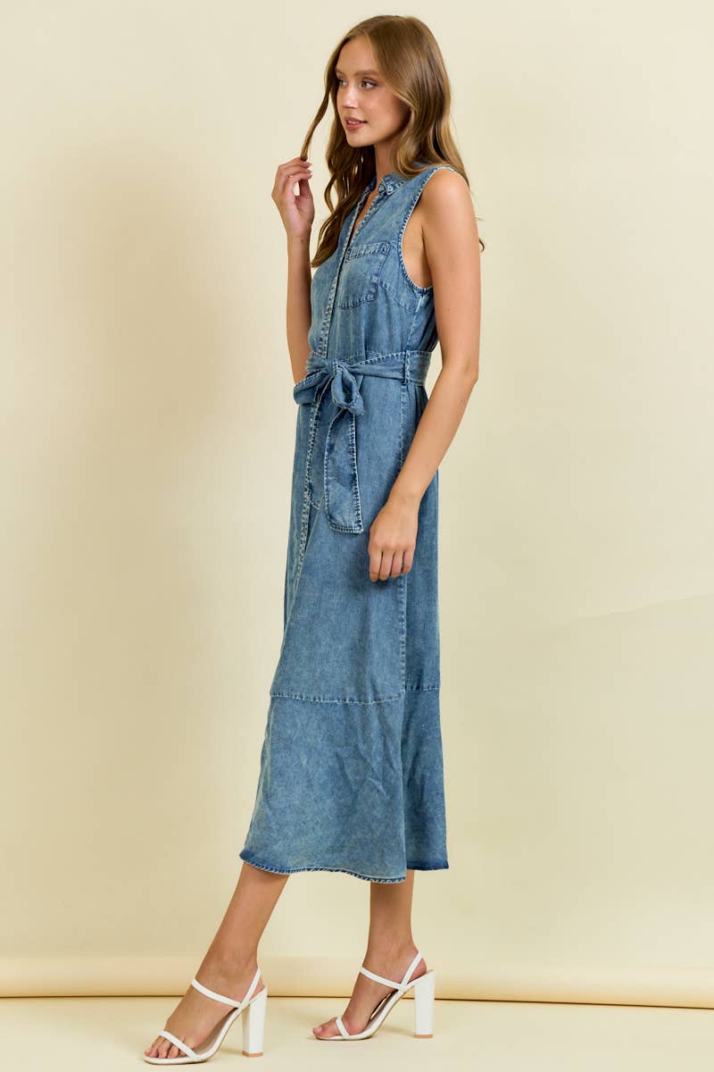 Midi Denim Dres with Tie Belt