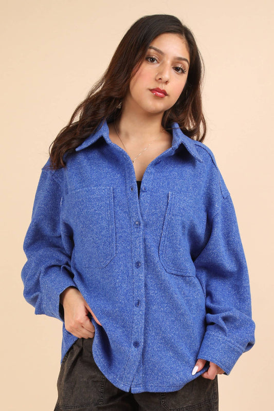 Oversized Cozy Button Down Shacket - Blue