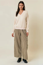 Oversized Vertical Stripe Two-Tone Ribbed Top - Light Beige
