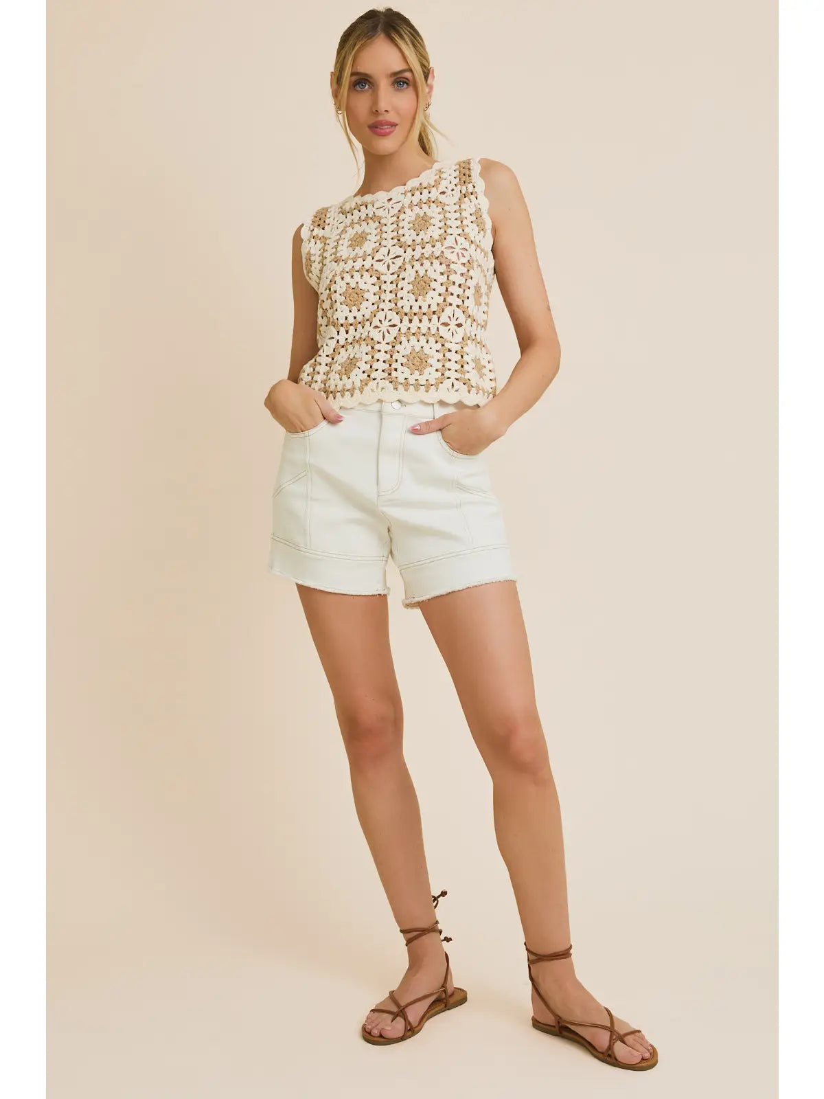 Crochet Tank Top - White & Taupe
