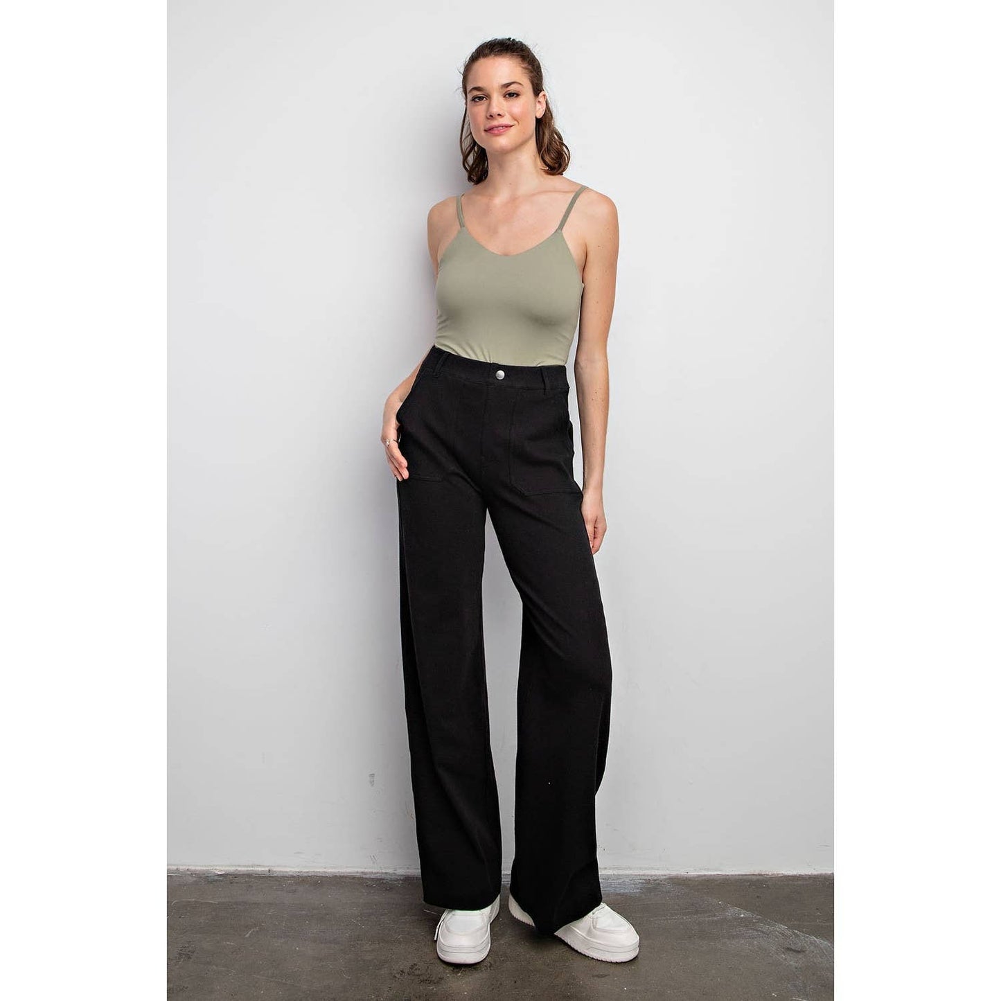 COTTON STRETCH TWILL WIDE PANTS: Black