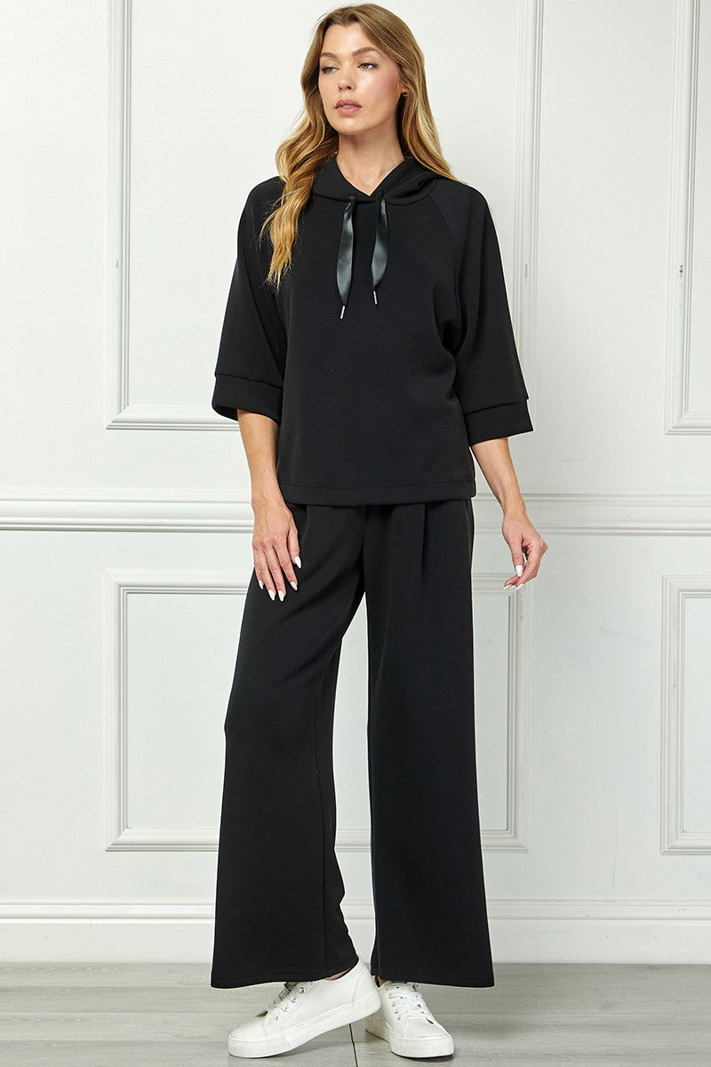 Soft Hooded Top With Satin Tie Detail - Black