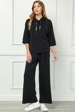 Soft Hooded Top With Satin Tie Detail - Black