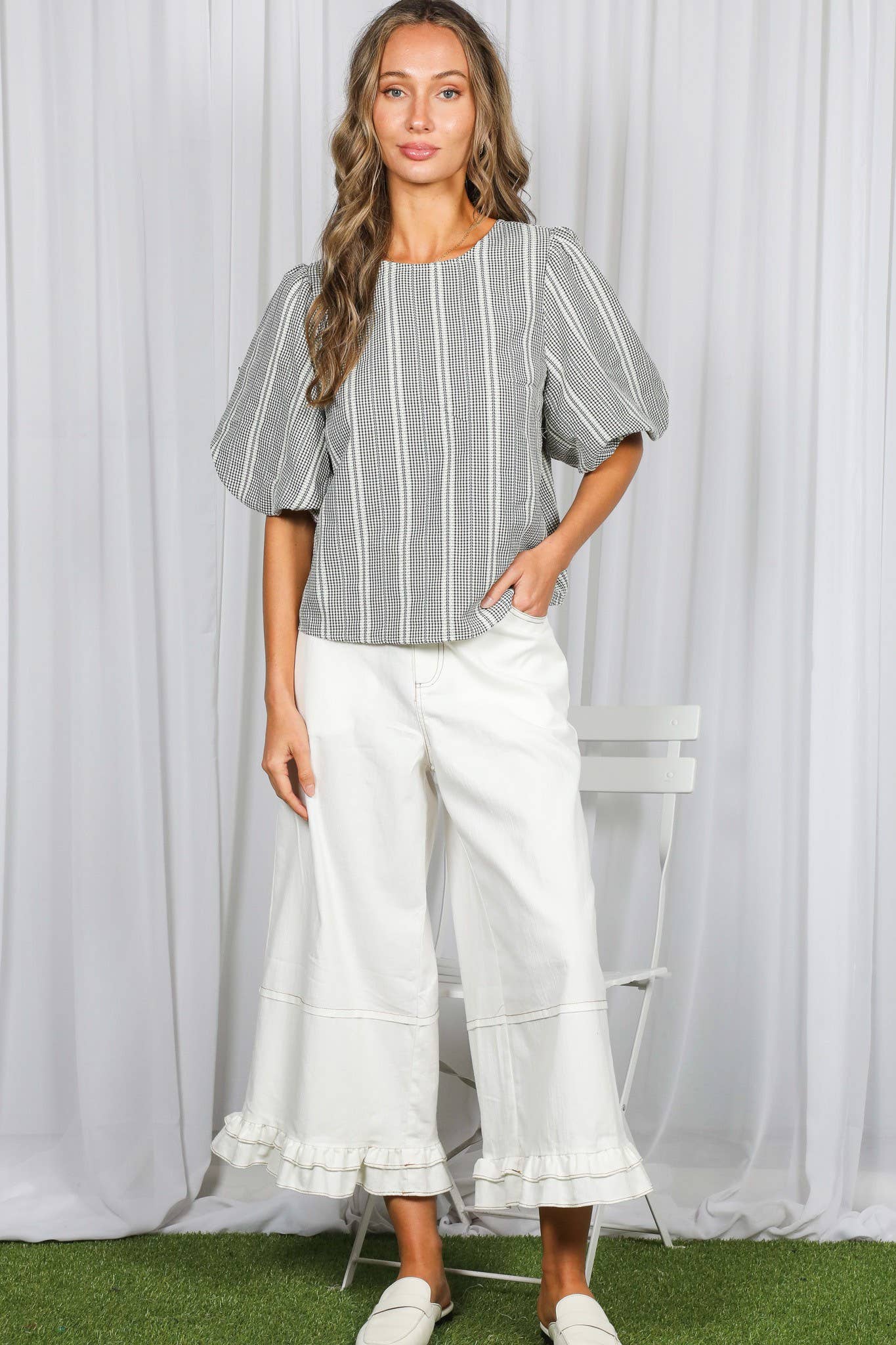 Bow Accent Feminine Plaid Blouse - Black