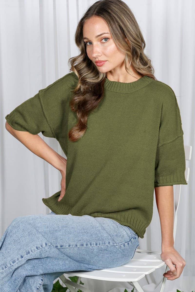 Crew Neck Drop Shoulder Casual Knitted Sweater - Olive