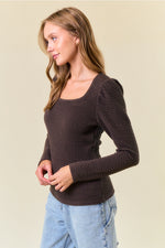 Textured Knit Square Neck Puff Long Sleeve