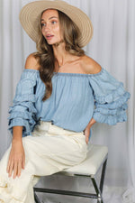 Off The Shoulder 4Tiers Ruffle Sleeve Chambray Top