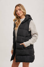 HOODED ZIPPER DOWN LONGLINE PUFFER VEST: Black