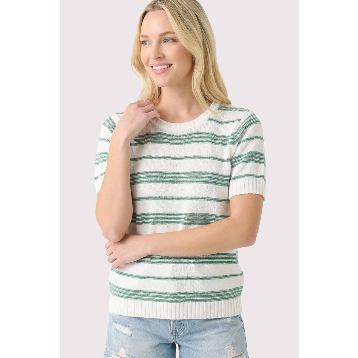 Short Sleeve Striped Sweater - Jade