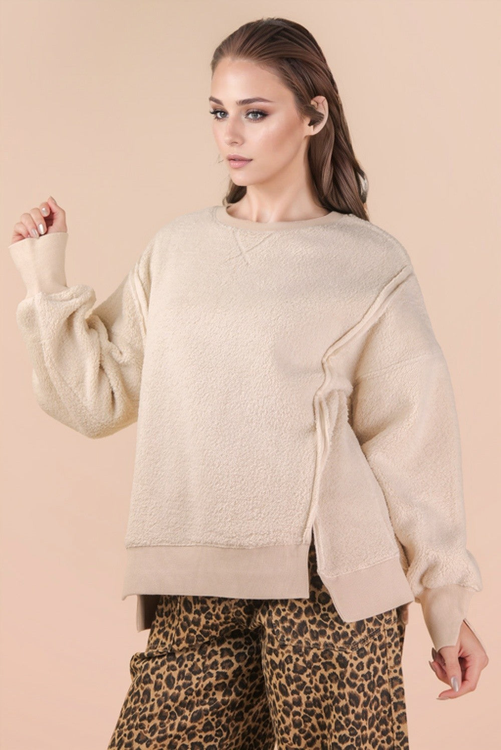 Oversized Casual Solid Fleece Top - Cream