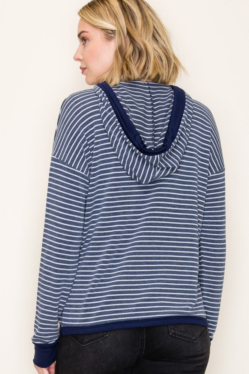 Striped French Terry Hoodie Top - Navy