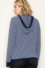 Striped French Terry Hoodie Top - Navy