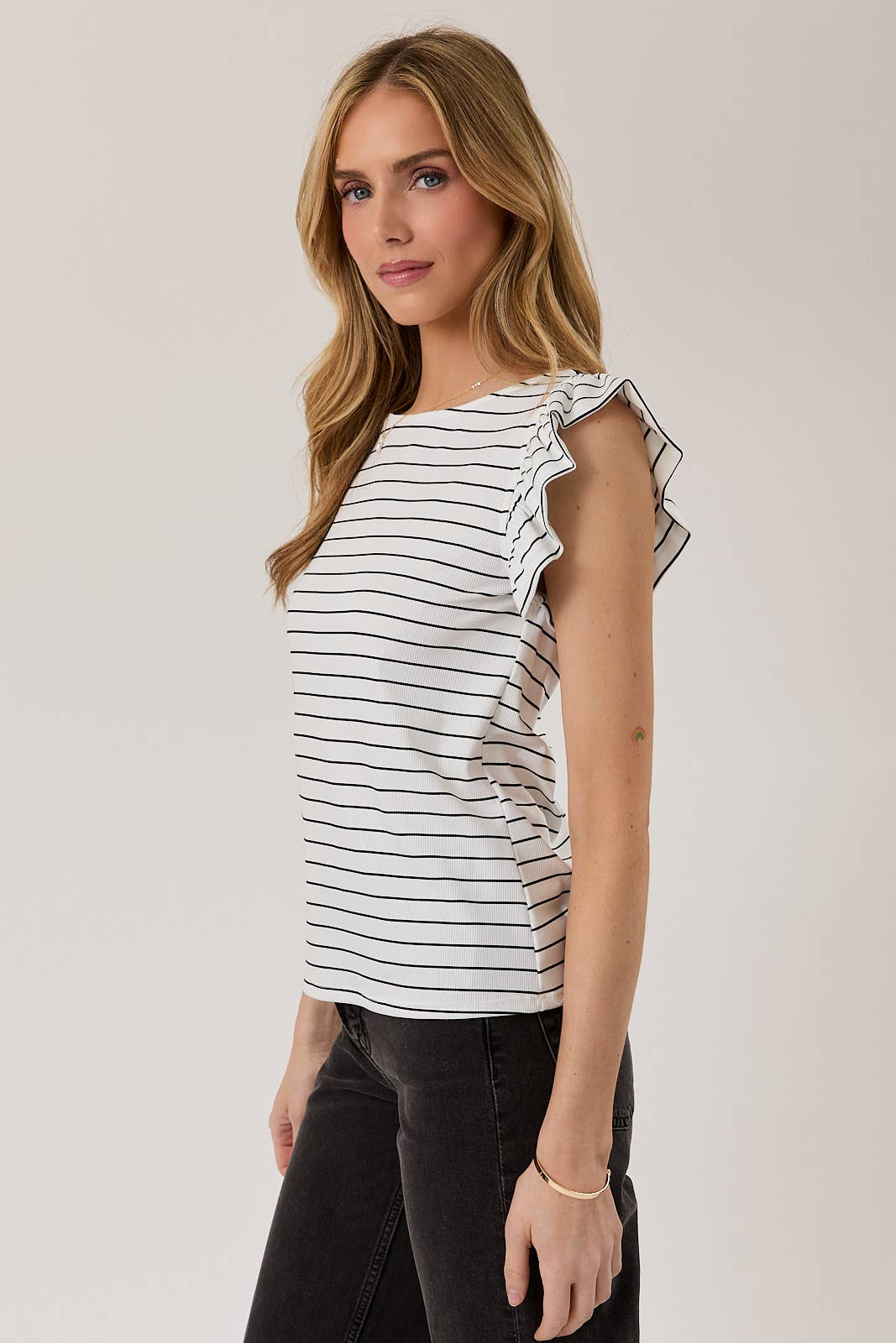 Boat Neck Ruffle Cap Sleeve Top - White/Black