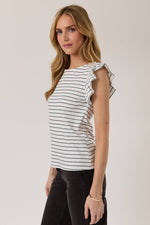 Boat Neck Ruffle Cap Sleeve Top - White/Black