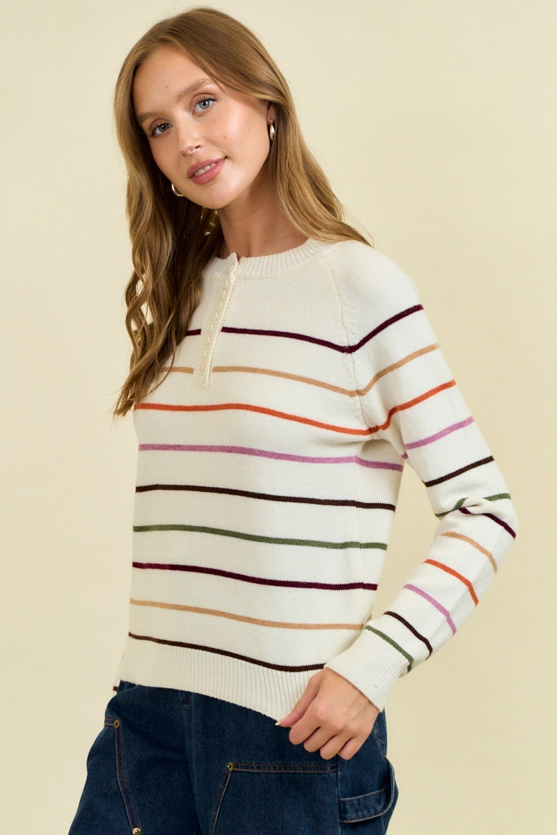 Multi Stripes Button Down Henry Neck Sweater