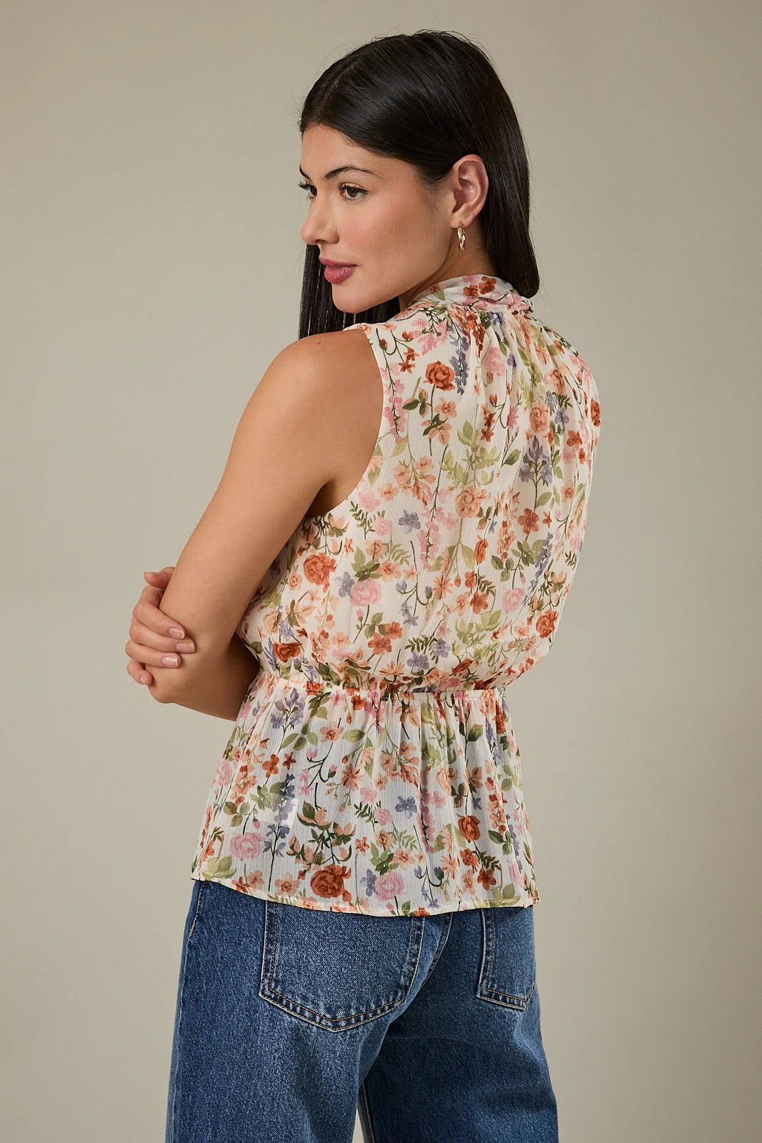 Floral Sleeveless Peplum Top - Ivory