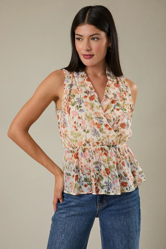 Floral Sleeveless Peplum Top - Ivory