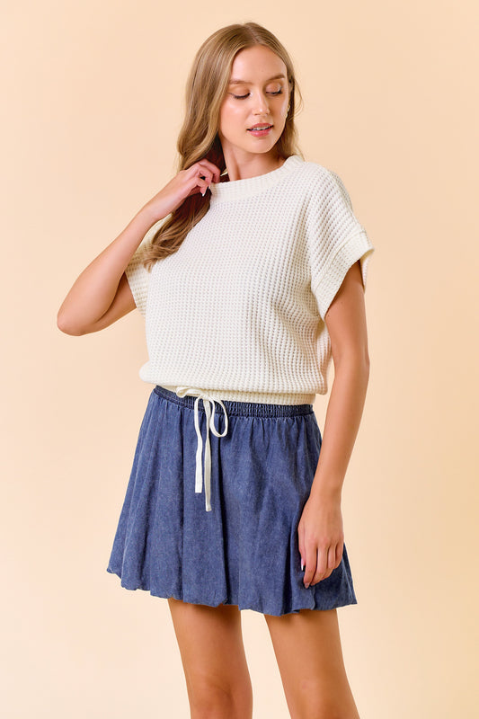 Cotton Waffle Dolman Sleeve Drawstring Hem Top