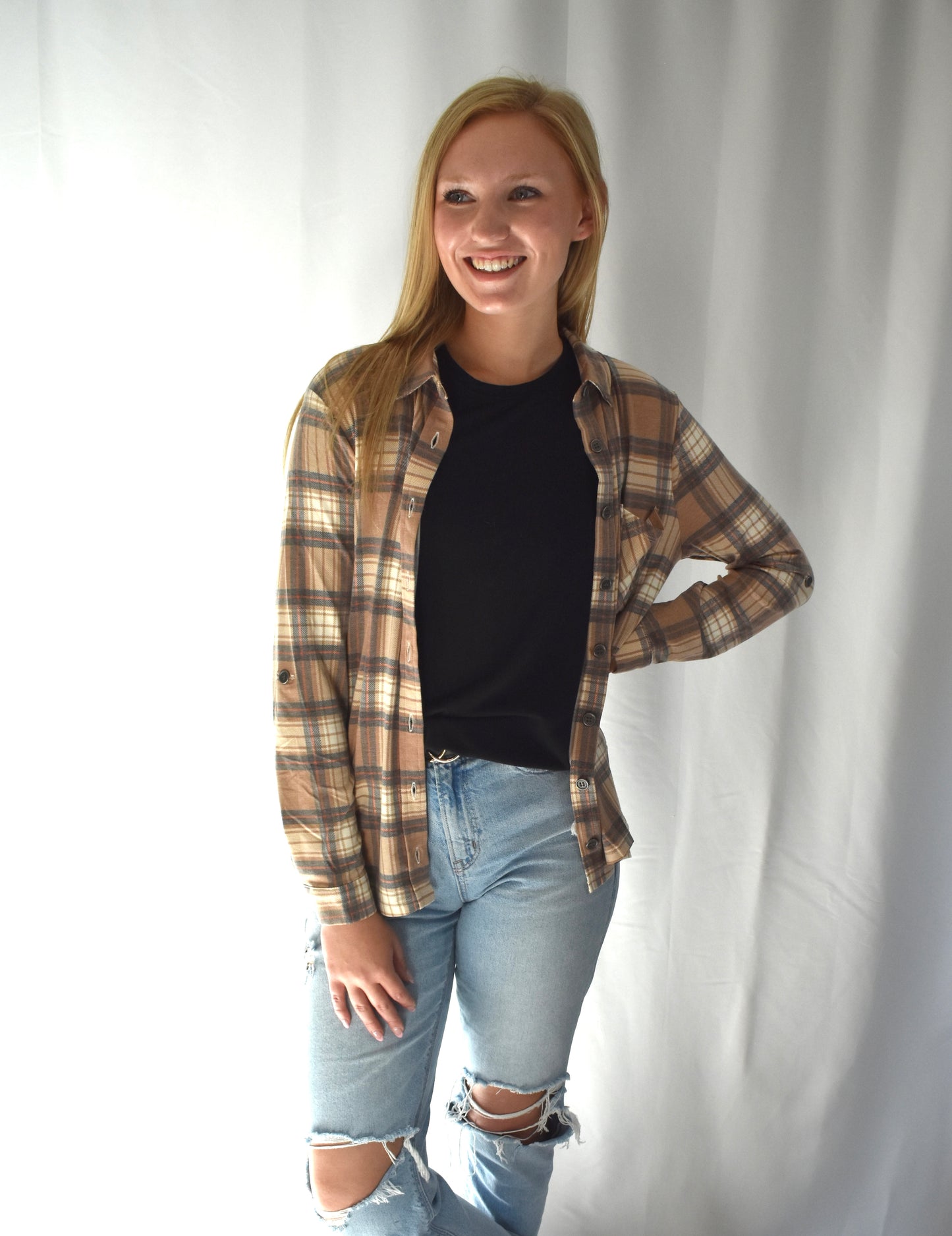 Soft Plaid Button Down - Light Mocha