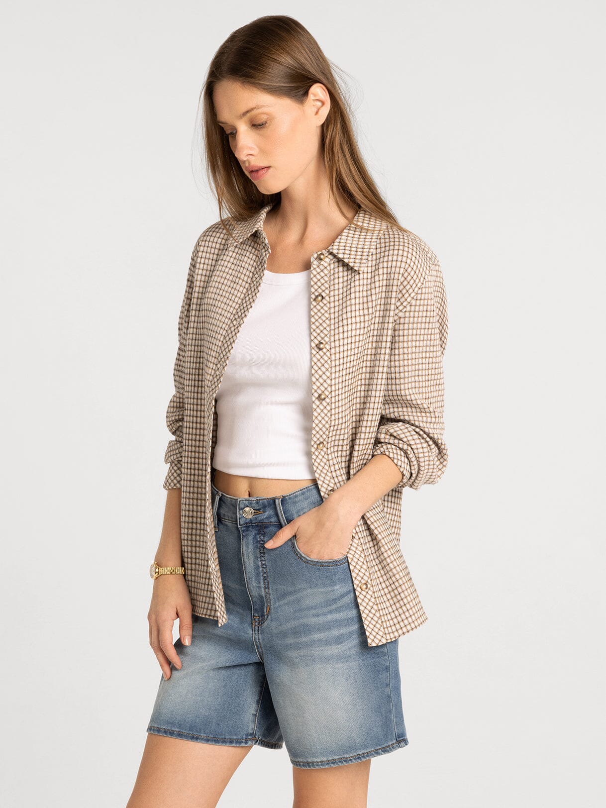 Navigator Top: Ivory Tan Plaid