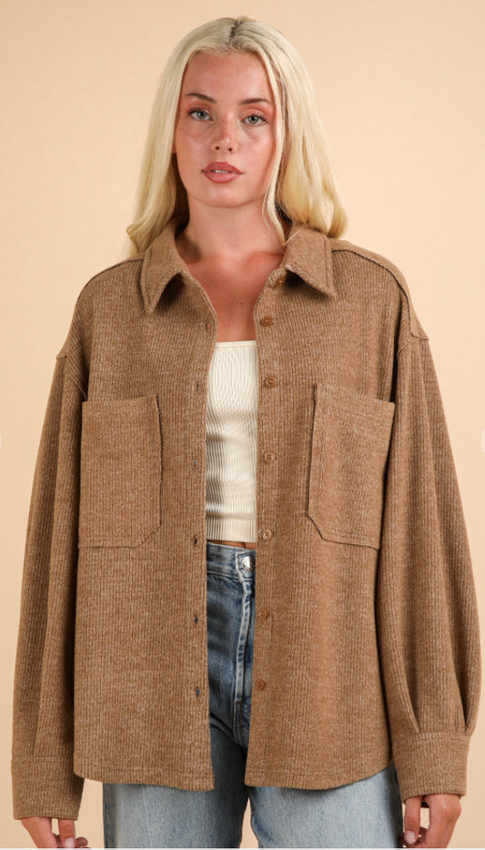 Oversized Cozy Button Down Shacket - Mocha