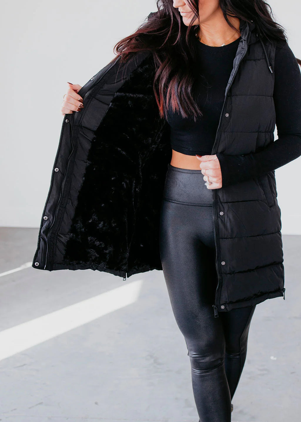 Hooded Puff Long Vest with Faux Fur Lining - Black