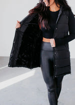 Hooded Puff Long Vest with Faux Fur Lining - Black